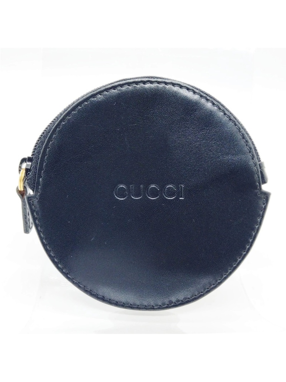 Gucci Vintage Logo Black Leather Round Coin Case with Embossed Logo